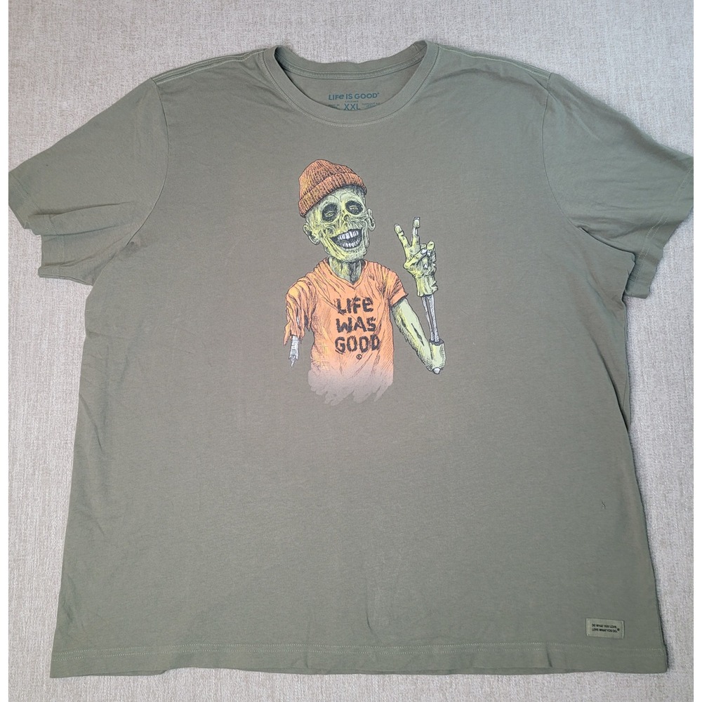 Life Is Good T Shirt Mens XXL Crusher Olive Green Skeleton Zombie Life Was Good